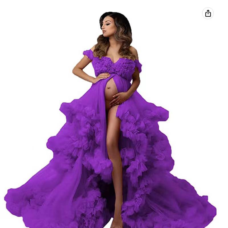 Off-Shoulder High Waist Maternity Gown with Front Slit and Puffy Tulle Skirt