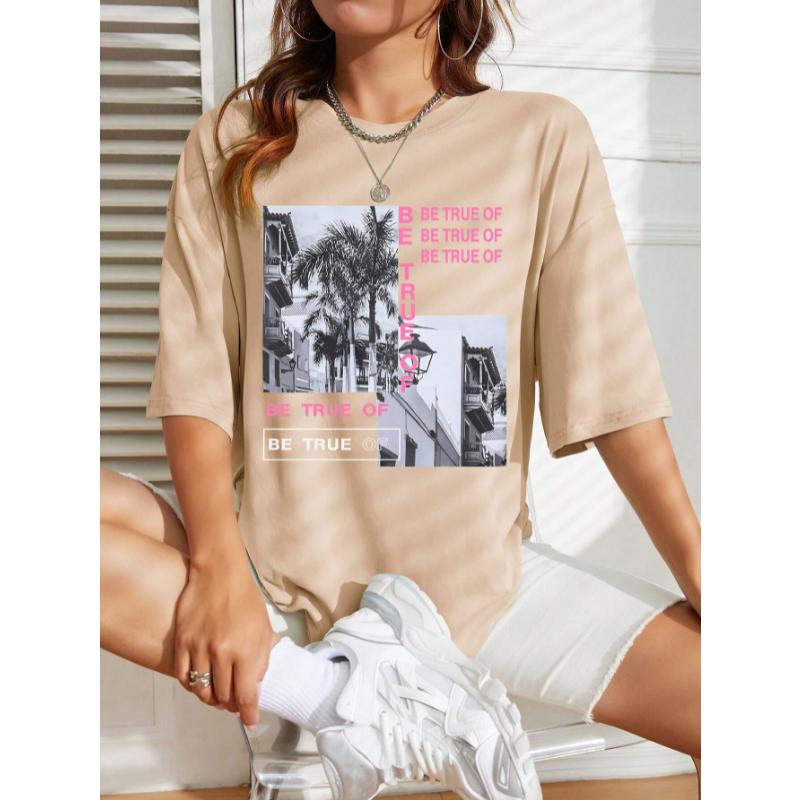 Graphic & Letter Print Crew Neck T-Shirt Women Summer O-Neck T Shirts Cotton Plus Size Short Sleeve Sport Casual Shirt