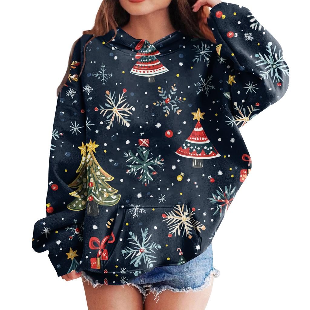 Genç Kızlar İçin Sweatshirtler Kapüşonlu Uzun Kollu İpli Kazak Sevimli Oversize Kapüşonlu Noel Günü
