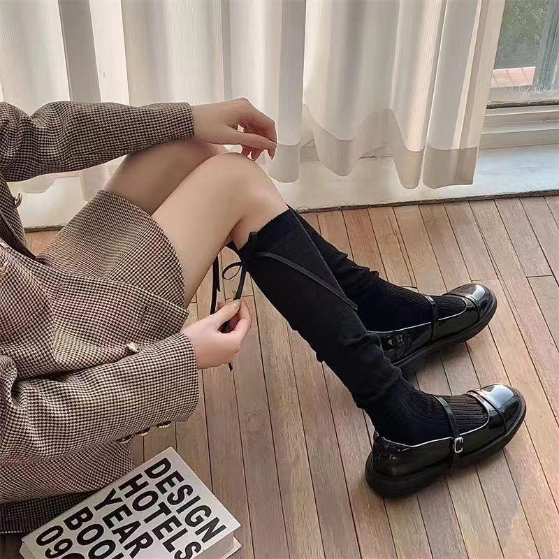 

1Pair Kawaii Lolita Long Socks For Women Girls Sweet Ribbon Bow Socks Ballet Style Solid Color Socks Simple Cute Calf Socks чёрный