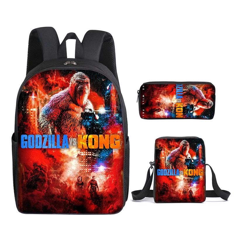 2021 Godzilla Wars King Kong School Bag Three-Piece Combination Set Primary And Secondary School Students Printed Backpack Cartoon School Bag