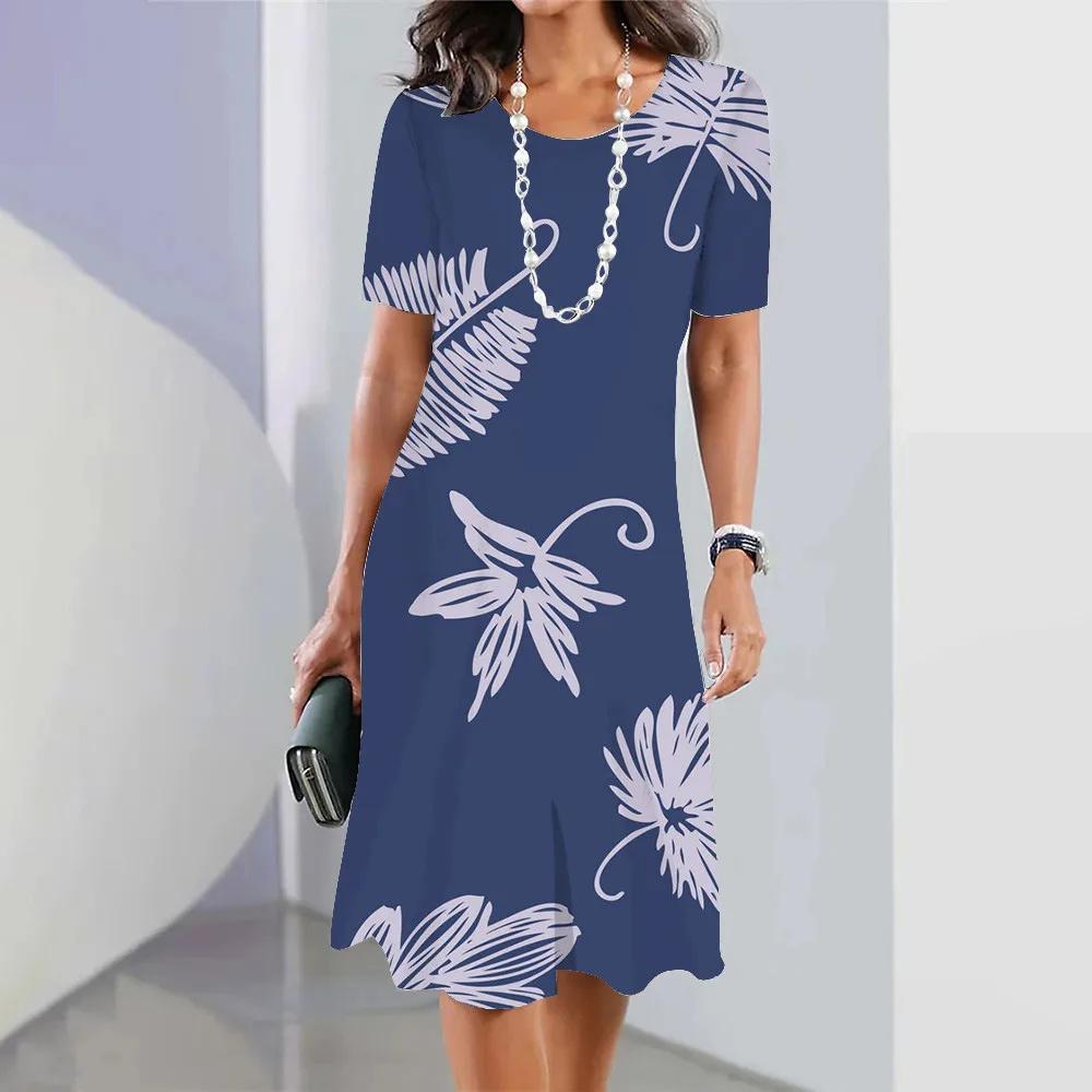 Summer Women's Short-sleeved Pullover Casual Loose Dress 3d Floral Print O-neck Fashion Women's Clothing