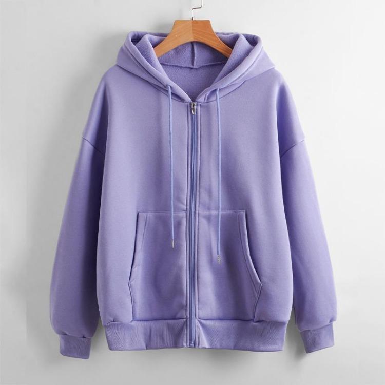 Casual Women's Loose Solid Color Fleece Zipper Jacket Long Sleeve Sweatshirt Top