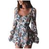 Women's Floral Print Square Neck Long Sleeve Jumpsuit with Zipper, Self-Tie Belt and Ruffle Hem