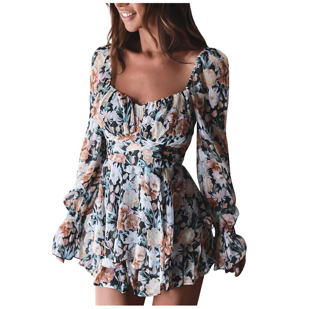 Women's Floral Print Square Neck Long Sleeve Jumpsuit with Zipper, Self-Tie Belt and Ruffle Hem