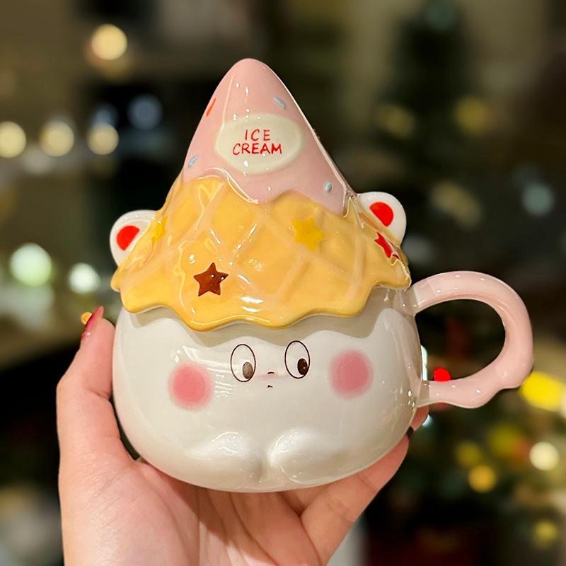 Cute Cone Party Mug With Lid Creative Cartoon Ceramic Cup Cute Cup Gift For Friends approx. 350ml