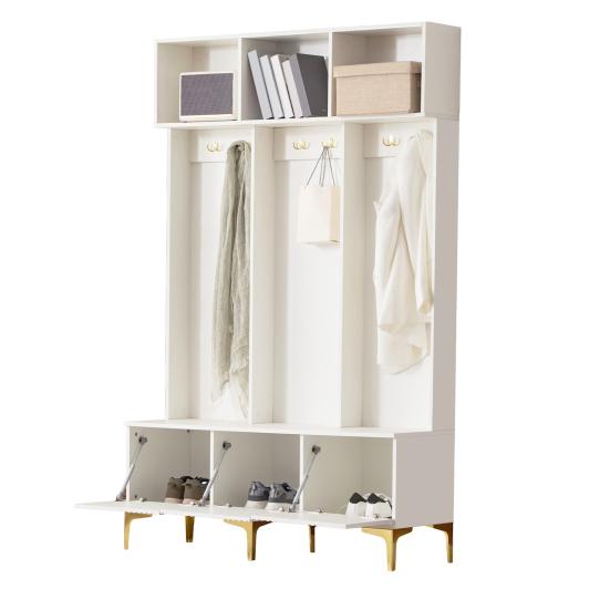 Wardrobe Closet Set with Bench Multifunctional Storage Open Storage 6 Cabinet Golden Hooks And Feet Suitable for Hallway Living Room White Tall