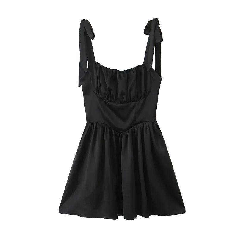 

Spring and Summer New Arrival Women s Clothing French Sweet Bow Bandage Silk Satin Texture Waist-Tight Slim Looking Silm Dress Black M