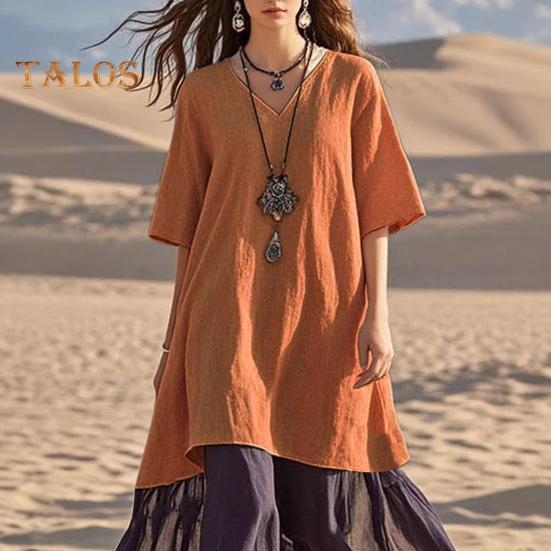 Women's Boho Patchwork Loose Dress Casual V-Neck Short Sleeve Swing Dress Summer Beach Vacation Sundress