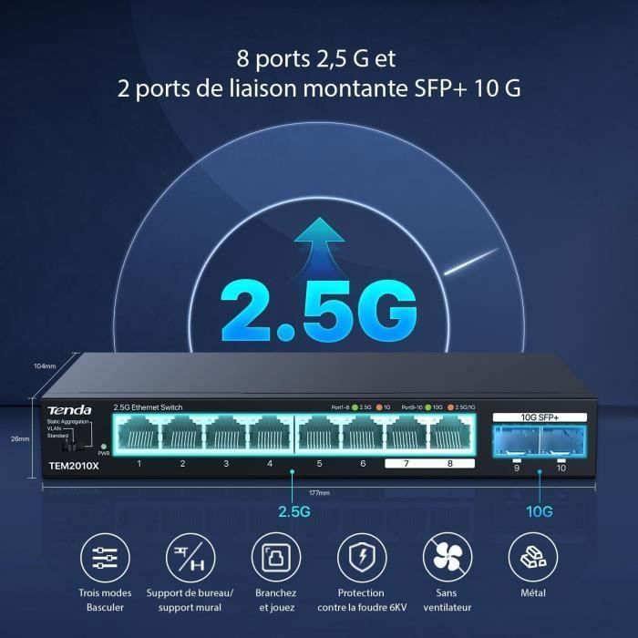 Switch Ethernet 2,5G - Tenda - TEM2010X - 8 Ports RJ45 - 2 Ports SFP+ 10G - VLAN, Agrégation Statique