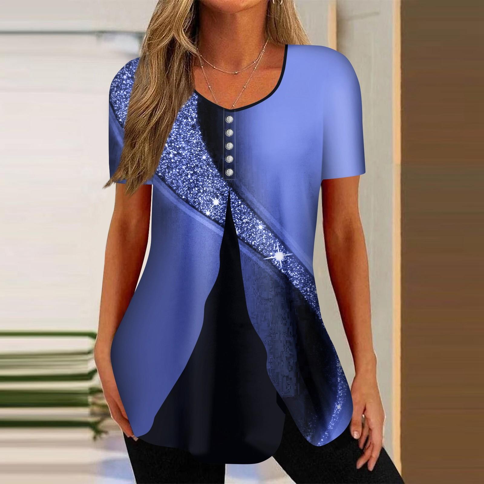 

Рубашки для женщин, топы с короткими рукавами, нарядные летние повседневные блузки с v-образным вырезом и нерегулярным подолом с принтом, футболки XL синий