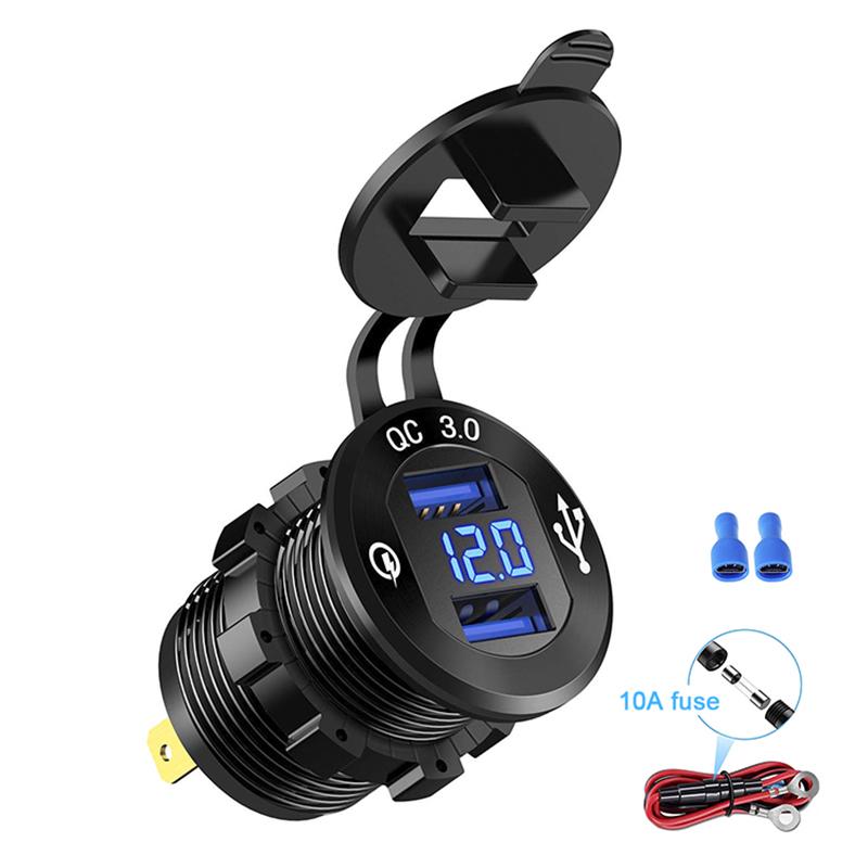 Quick Charge 3.0 Dual USB Car Charger Fast Charge Socket Aluminium Power Outlet with LED Voltmeter for 12V 24V Car Boat