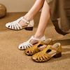 Nowe damskie sandały na grubym obcasie rzymskie retro buty w kształcie klatki dla świń damskie ze skóry naturalnej ażurowe wygodne buty damskie