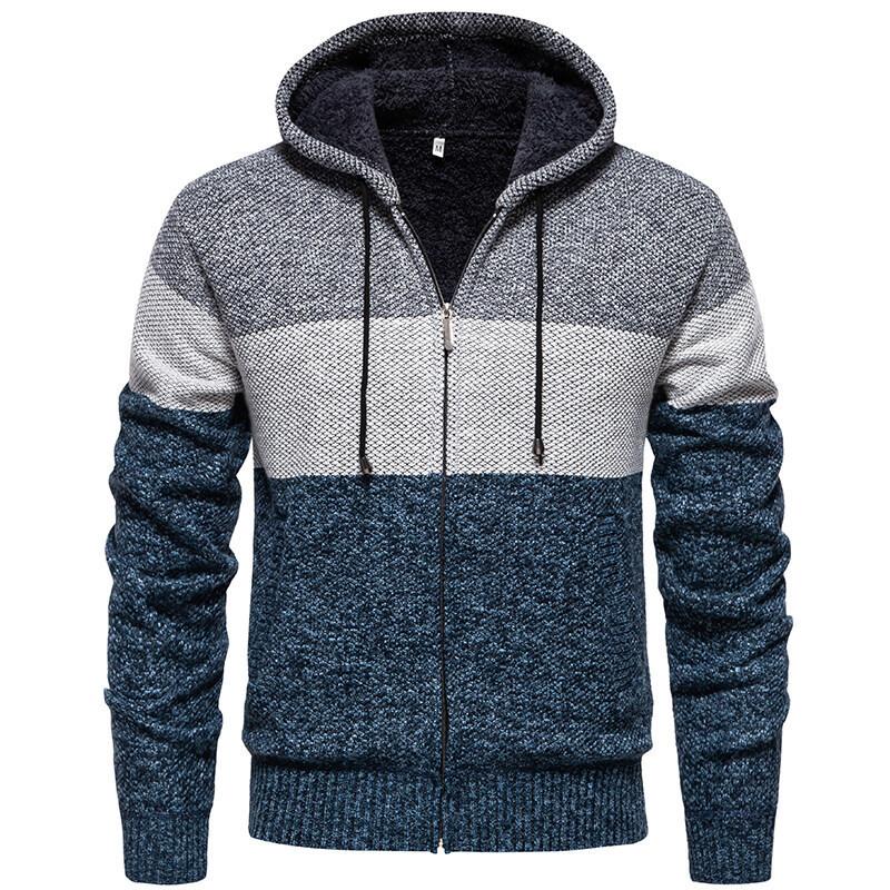 2025 Autumn Winter New Men's Color-blocking Sweater Plus Velvet Casual Knitted Fashion Hooded Jacket