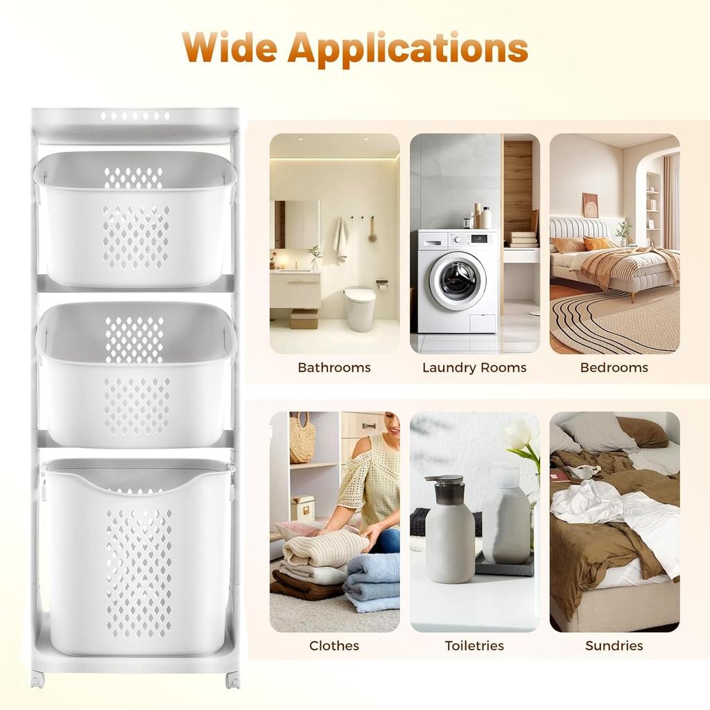 Laundry Hampers, 3 Tier Laundry Baskets Dirty Clothes Hamper with Wheels for Home, Dorms, Laundry Room and Apartment