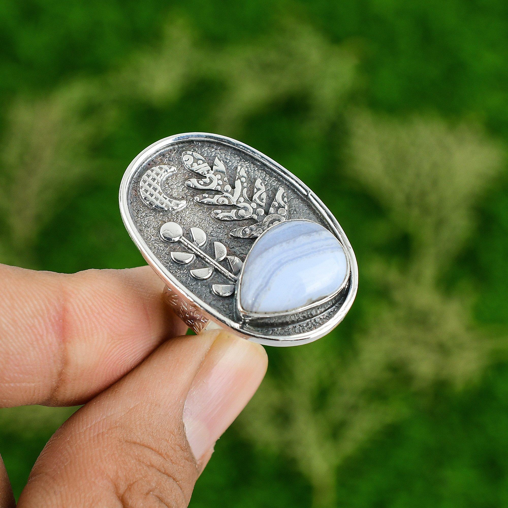 

Gift For Her Natural Blue Lace Agate Multi Stone Adjustable Ring 925 Silver Adjustable