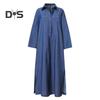 Fall Spring Women Dress Solid Color Loose Denim Turn Down Collar Long Sleeve Ankle Length Button Split Hem Plus Size Bohemian Commute Maxi Dress