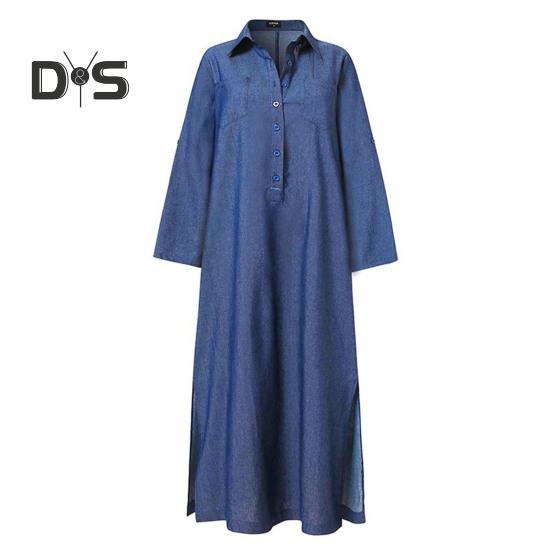 Fall Spring Women Dress Solid Color Loose Denim Turn Down Collar Long Sleeve Ankle Length Button Split Hem Plus Size Bohemian Commute Maxi Dress