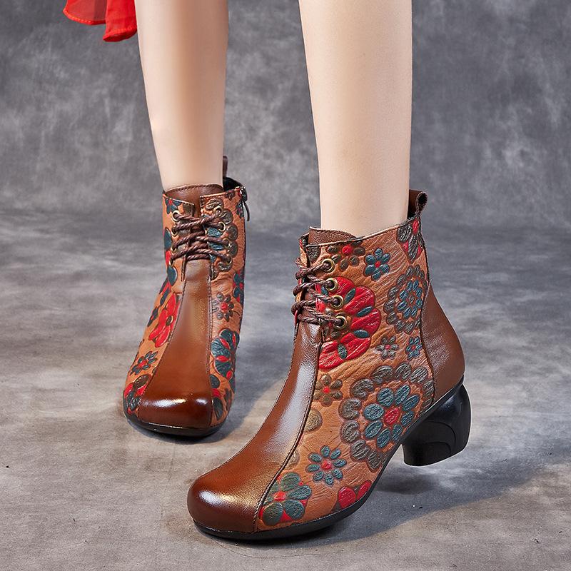 Women's shoes new mother velvet warm cotton shoes women's head layer cowhide printing thick heel soft sole short boots