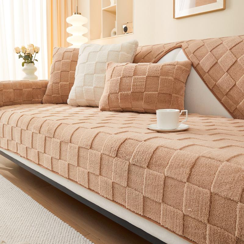 Tafu Velvet Checkered Sofa Cover Non-Slip Thickened Plush Sofa Towel Living Room Universal for All Seasons Armrest Back Towel