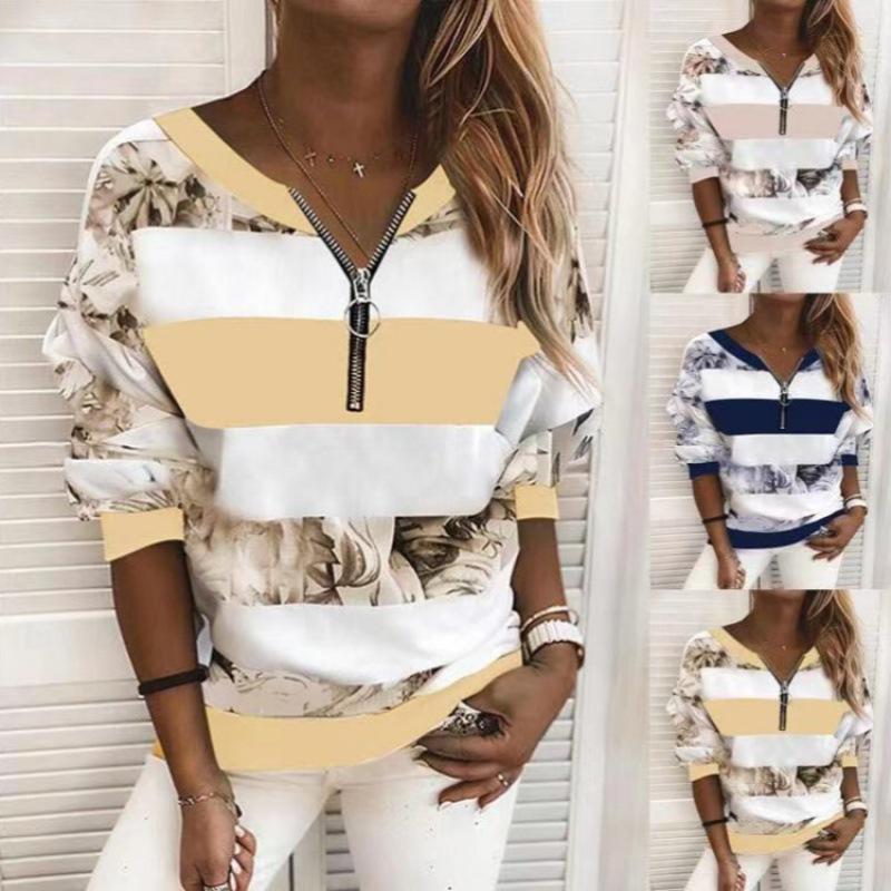 2021 Spring & Autumn Women's Striped Zipper T-shirt - Digital Print Casual Top