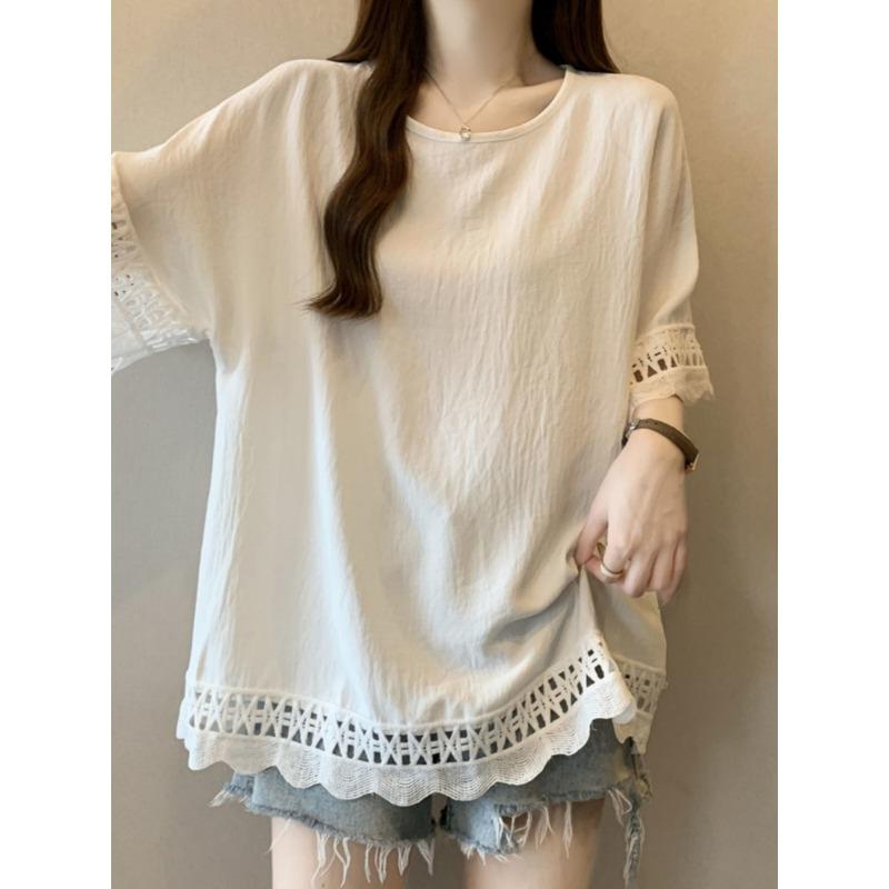 Women White Lace Trim Round Neck Batwing Sleeve Loose T Shirt