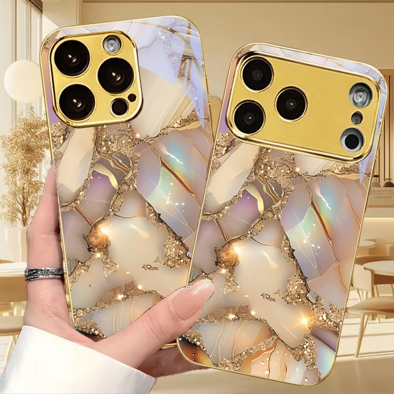Pastel Broken Gemstone Electroplated Golden Phone Case For iPhone 17 16 15 14 13 12 11 Pro Max Plus 16E 17Air 7 8 X Glass Cover