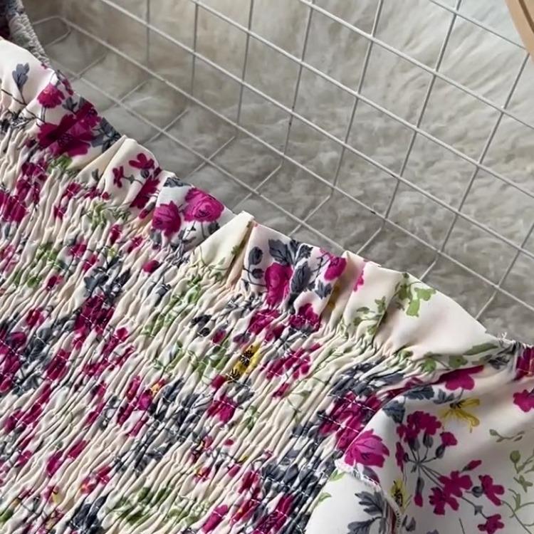 Summer Floral Off Shoulder Dress Women High Waist Short Sleeve Ankle Length Spring Casual Fashion