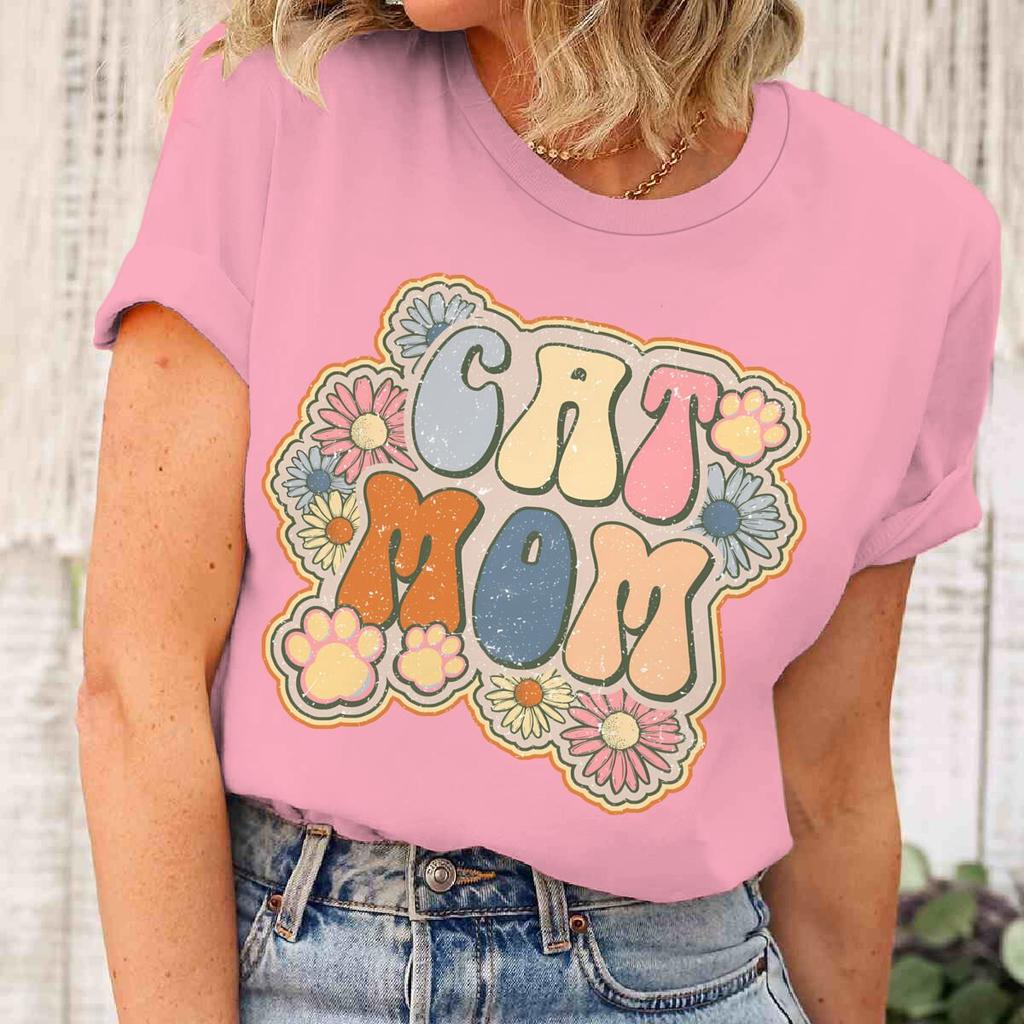 Vintage Cat Mom And Flower Print T Shirt Unisex Bohemia Wildflower Short Sleeve Streetwear Fun Cat Mom Life Tee Casual Female Top