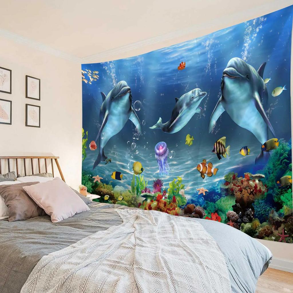 Unterwasserwelt Wandteppich Wandbehang Delfin Hai Seetang Heimkunst Dekoration Hintergrund Schlafzimmerwand Cartoon Dekoration