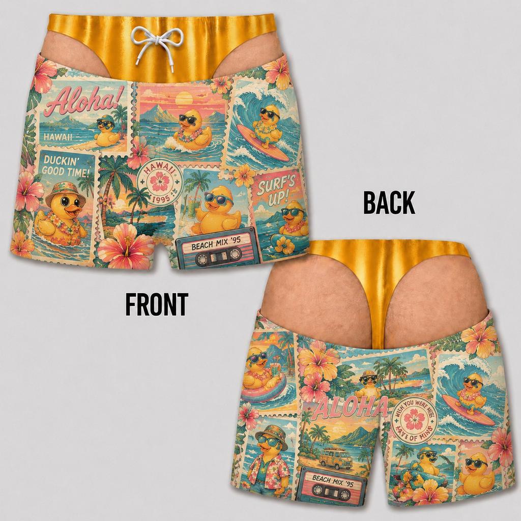 Mens Funny Fake Butt Beach Duck Swim Shorts Quick Dry Lightweight Summer Board Shorts Tropical Vacation Beachwear Party Gift