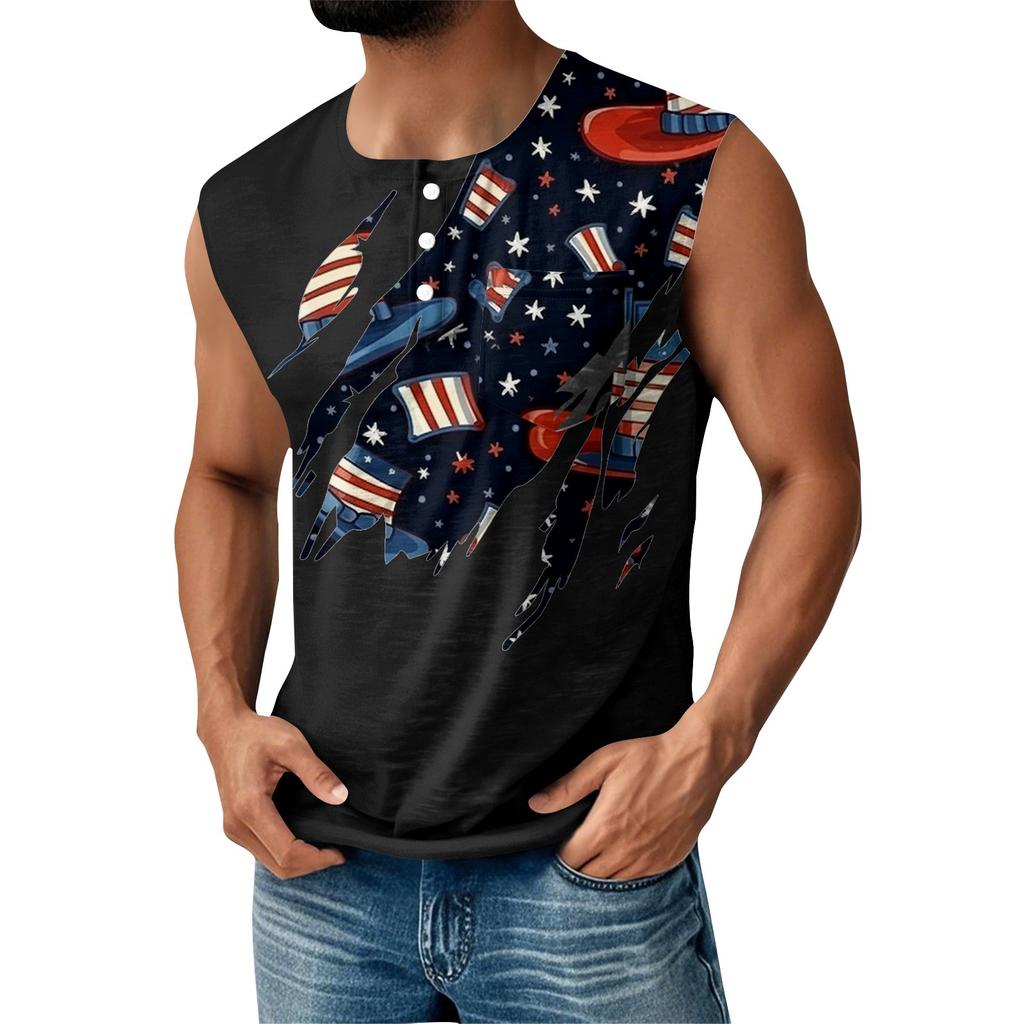 Men's Summer Independence Day Printed Sports Button Pocket Sleeveless Tank Top