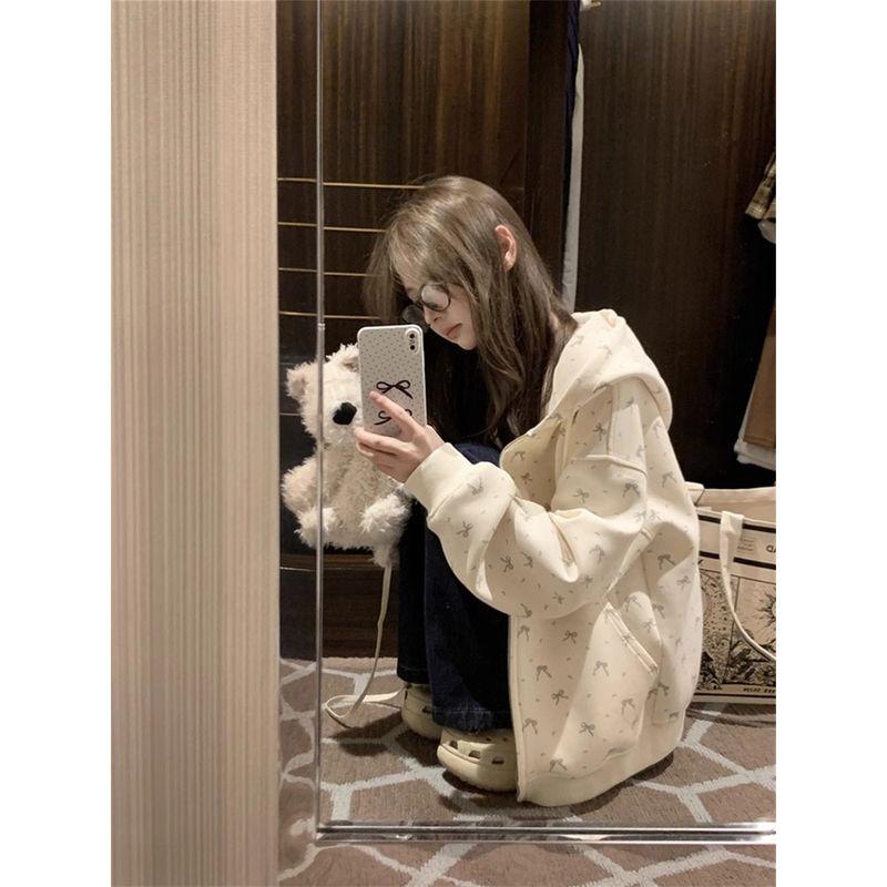 

Milk Fufu Student Floral Zipper Casual Autumn Winter Sweater Apricot S(Suggested 37.50 kg-47.50 kg)