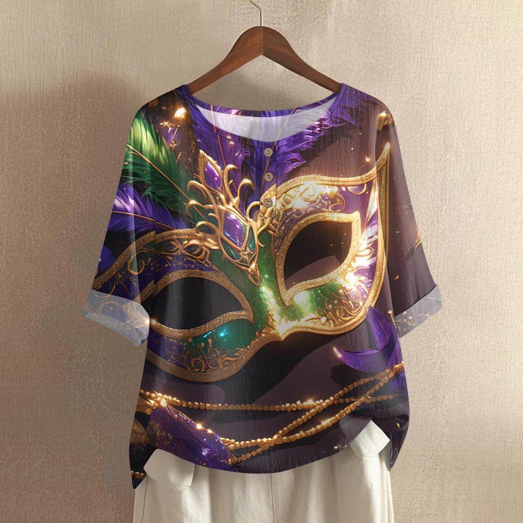 Women's Fashionable And Casual Shirt Half Sleeve Round Neck Print Cotton And Linen Blouse Top