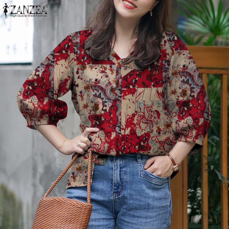 

ZANZEA Летняя повседневная V-образный вырез 3/4 рукава Принт Хлопковая блузка