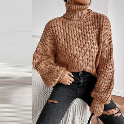 Dames Herfst/Winter Trui met Hoge Hals, Losgebreid, Lange Mouwen, Effen Kleur, Mode Pullover