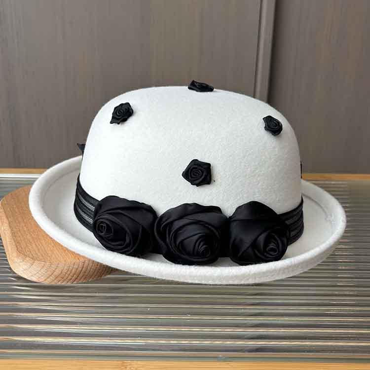Fashion Dome Crimped Felt Top Hat Elegant Rose Decoration Fashion Hat Women's Autumn and Winter Woolen Woolen Pot Hat