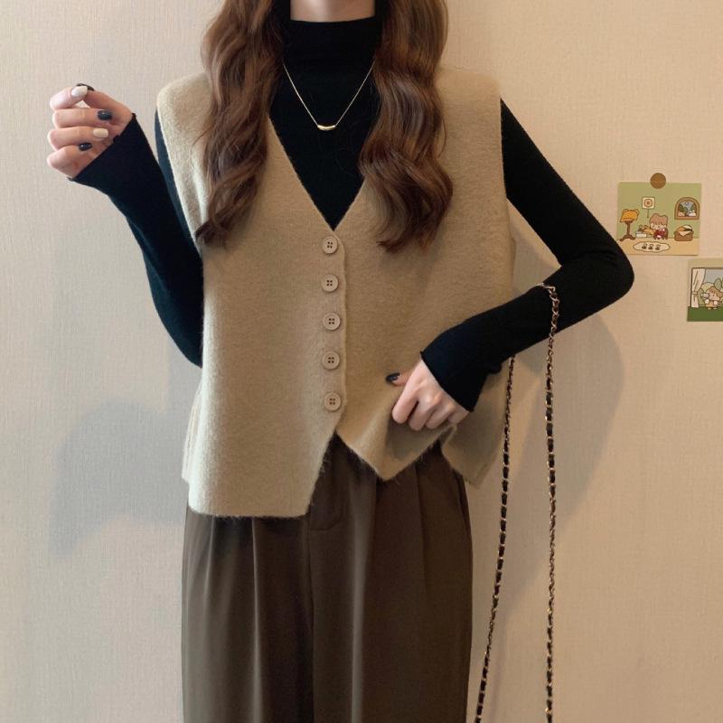 V-neck Knitted Vest Women's Sweater Autumn and Winter New Korean Loose Wild Sweater Vest Sleeveless Sweater