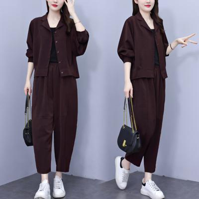 Kadın Moda İlkbahar Bol Rahat Harem Pantolon Ceket İki Parça Kadın Yaş Azaltan Takım
