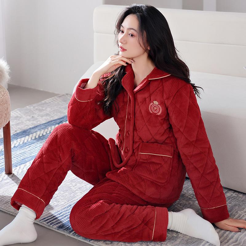 Winter padded pajamas women's three-layer thickened coral fleece padded jacket autumn and winter flannel loungewear warm suit