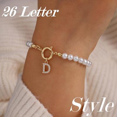 Delicate Gold Silver Plated Copper CZ Zircon 26 Letter Simulated Pearl Beaded Chain Charm Bracelets for Women