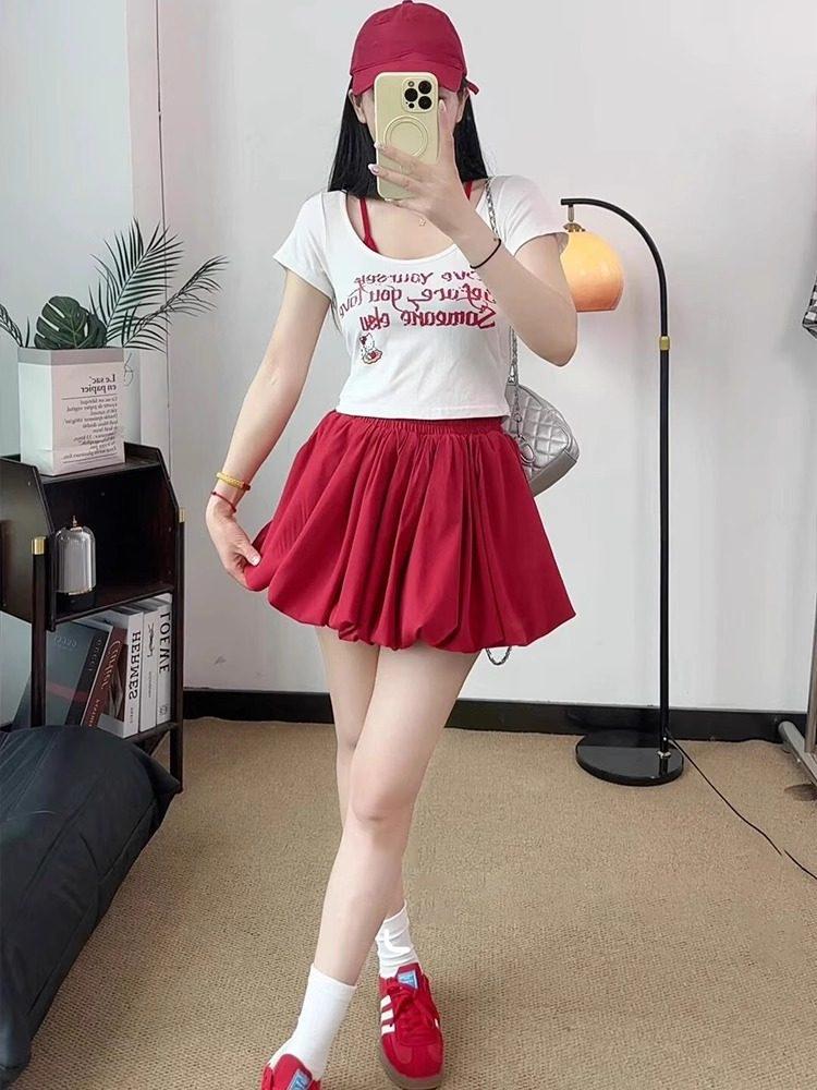 Plus-Size Red Bud Hem Midi Skirt for Women - Autumn Sweet Spicy Girl Cloud Fluffy A-Line Short Skirt