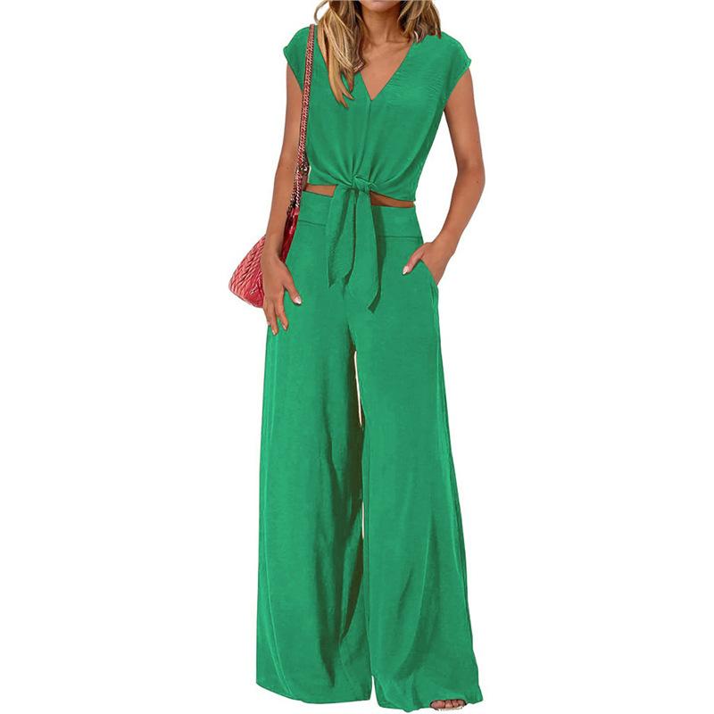 Spot 1116 Summer European and American Women's Clothing V-neck Lace-up Open-button Top High-waisted Wide-leg Pants Two-piece Set