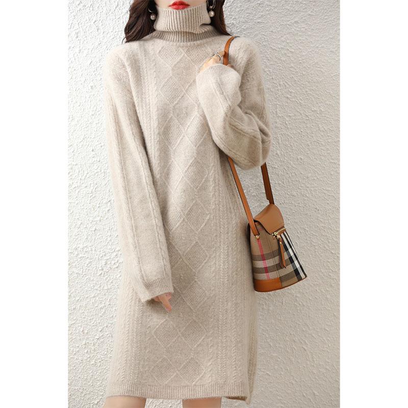 Women's Mid-Length Wool Cashmere Sweater Dress - Bat Sleeve, High Neck, Loose Fit, Autumn/Winter Style