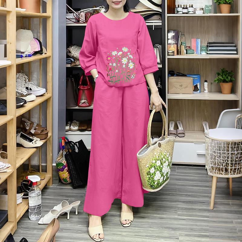 ZANZEA Women 3/4 Sleeve Floral Blouse and Pants Summer Two Piece Suit Sets