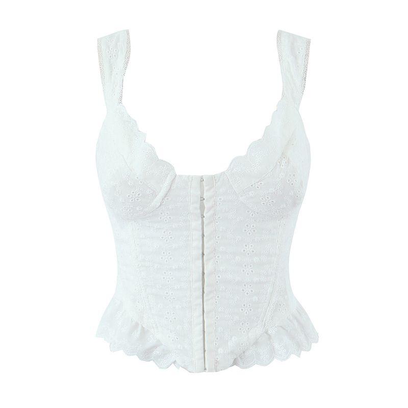 

French style Gyaru Set Women 2025 New Pure Embroidery Fishbone Sling Small Top + High Waist Frill Long dress White sling 7241 L