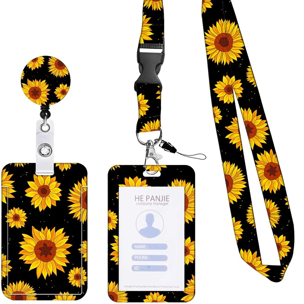 Students Bus Card Case Lanyard Child Visit Door Identity Badge Cards Cover Case Ladies Girls Flower ID Credit Bank Card Holder