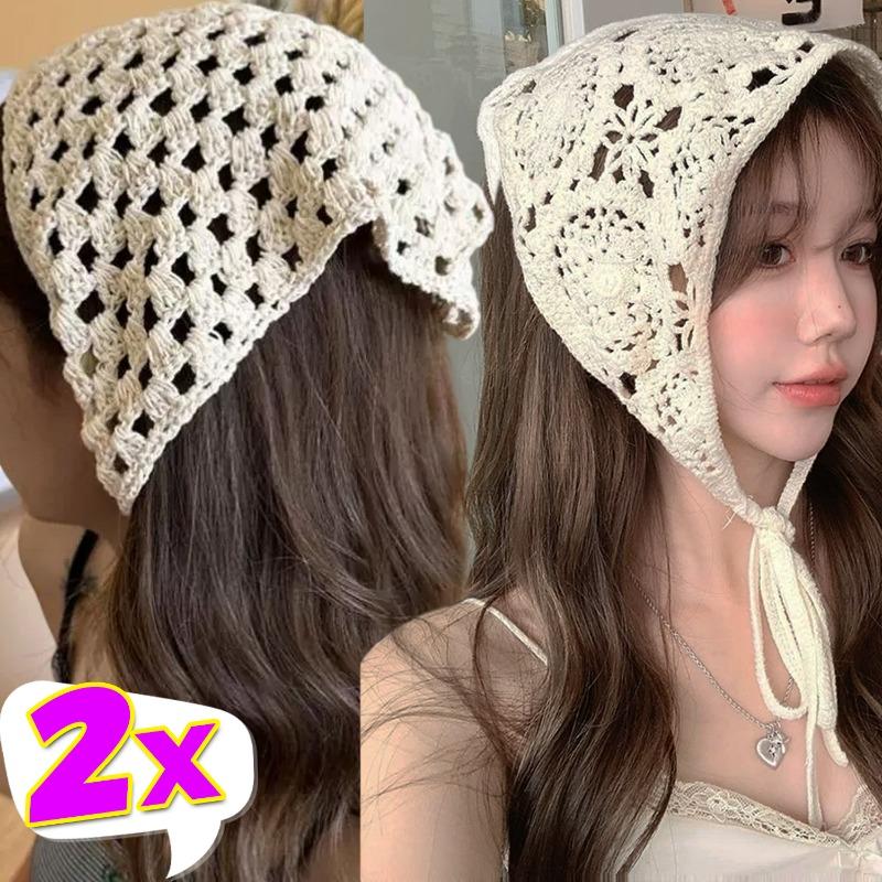 Beiges Baumwoll-Dreieck-Stirnband-Handtuch für Damen Sommerreise Haar-Schal Bandana Französischer Stil Hohlgitter-Stirnbänder