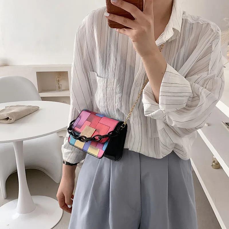 Women's Vintage Portable HandBag Versatile Single Shoulder Slant Across Bag Female Contrast Color Small Square Chain Bag