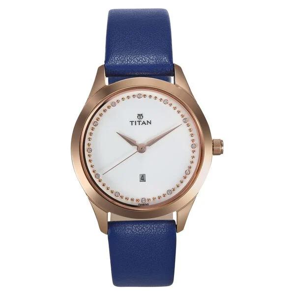 

Titan Sparkle White Dial Blue Leather Strap Analog Date Function Watch for Women